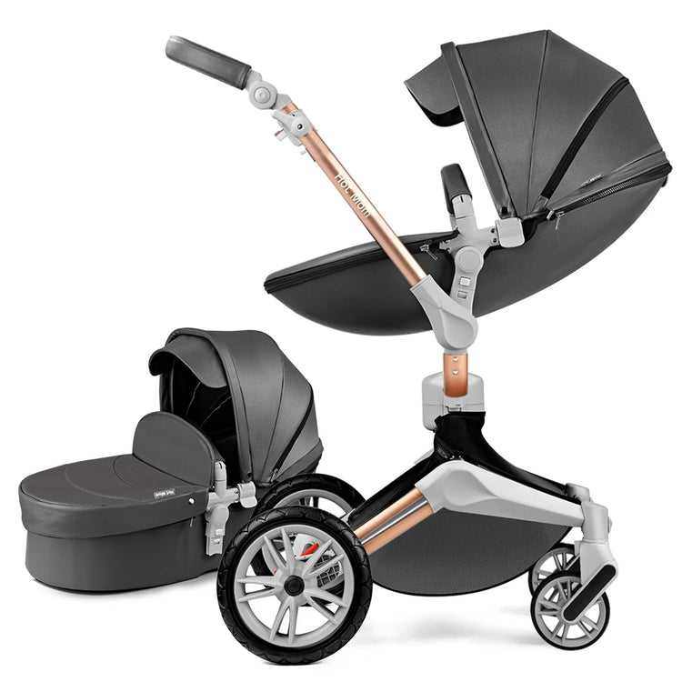 Hot Mom F023 2-in-1 Baby Stroller – 360° Rotating PU Leather Travel System with Bassinet, Rain Cover & Accessories | Foldable Luxury Stroller (0–4 Years)