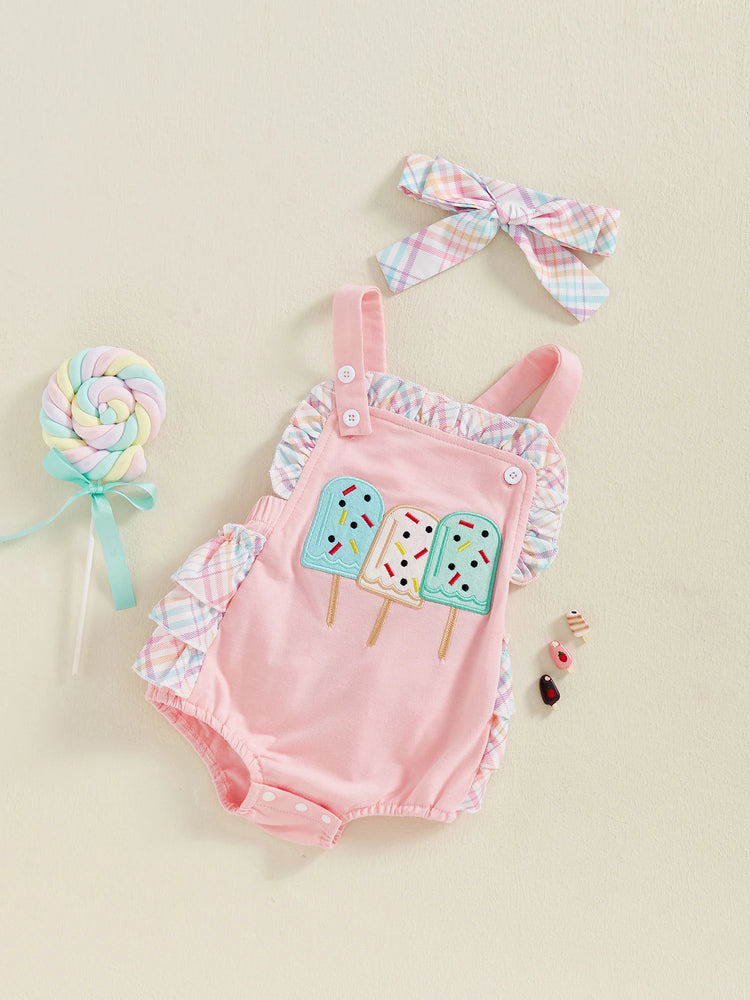 Toddler Girl Summer Watermelon Print Romper with Ruffles & Matching Headband — Sleeveless Jumpsuit Outfit Set