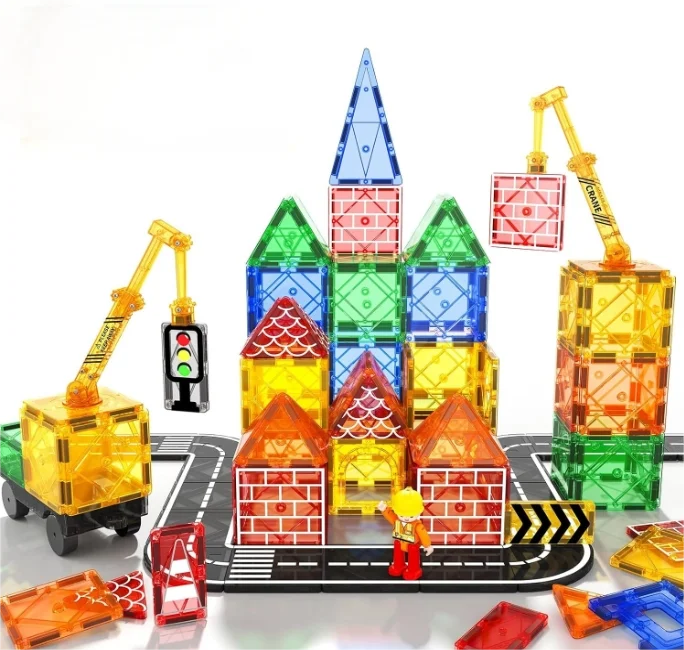 Magnetic Tiles Road Set with Magnet Crane & Car Toys – Construction Magnetic Building Blocks for Kids Ages 3–8, Creative STEM Toy