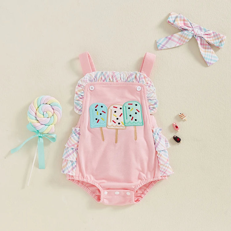 Toddler Girl Summer Watermelon Print Romper with Ruffles & Matching Headband — Sleeveless Jumpsuit Outfit Set