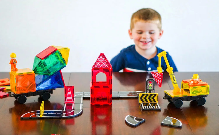 Magnetic Tiles Road Set with Magnet Crane & Car Toys – Construction Magnetic Building Blocks for Kids Ages 3–8, Creative STEM Toy
