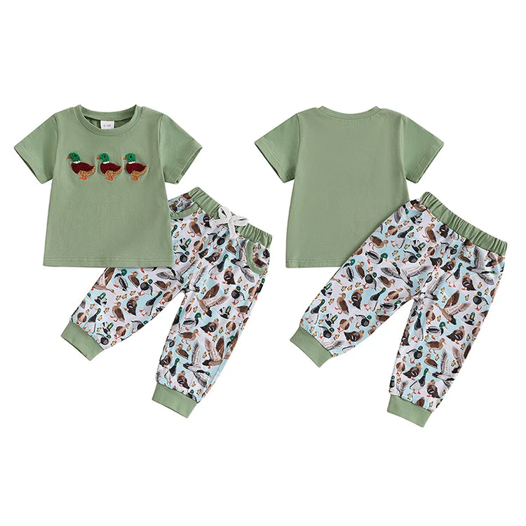 Lioraitiin Baby Boys Summer Outfit Set – Duck Embroidery Short Sleeve T-Shirt & Elastic Waist Pants (1-3 Years)
