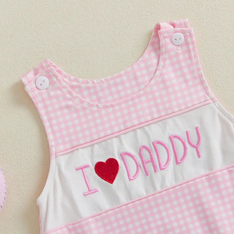 Cute Baby Girl Romper – Sleeveless Infant Bodysuit with Adorable Letter Embroidery & Plaid Design, Round Neck Jumpsuit for Newborns & Toddlers