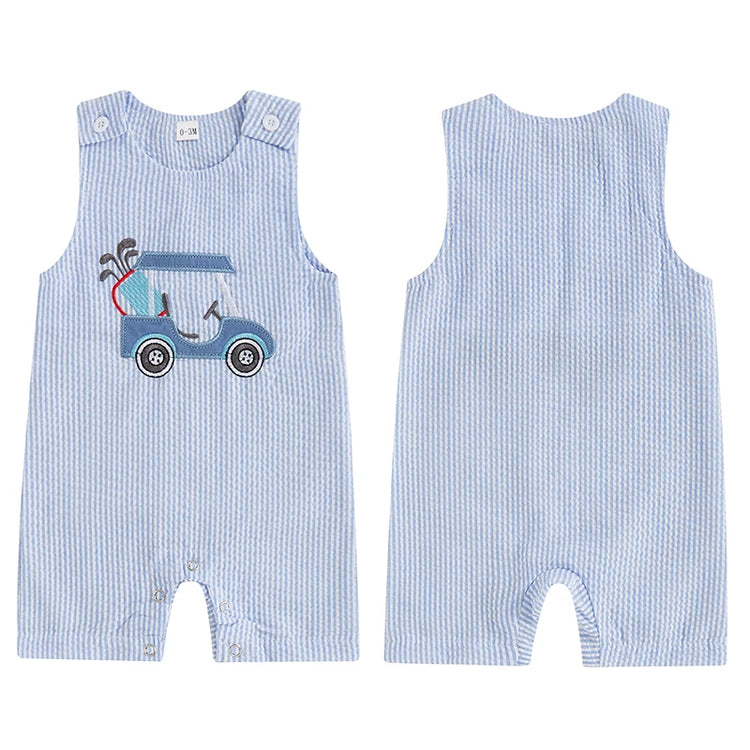 Lioraitiin Baby Boys Sleeveless Romper – Striped Golf Cart Embroidery Summer Jumpsuit for Casual Daily Wear (0-1 Years)