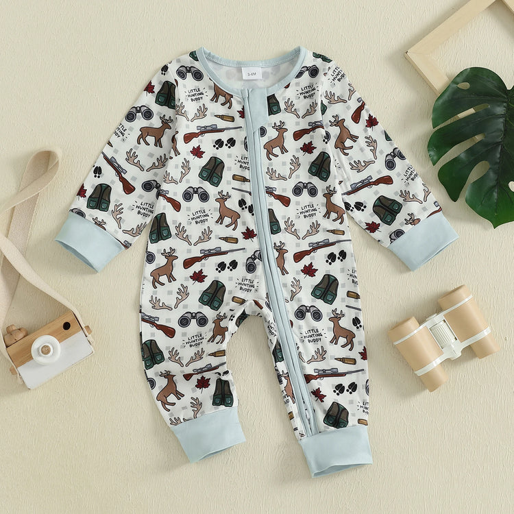 Infant Boys Fall Romper – Elk Print | Oblique Zipper | Long Sleeve Jumpsuit (0–18M)