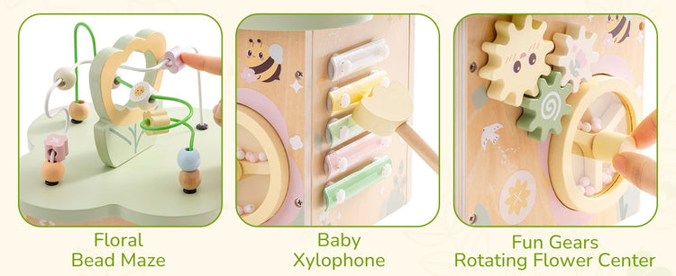 ROBOTIME Wooden Activity Cube Educational Wooden Toys with 7 Functional Areas Flower Bush Theme Montessori Toys for Toddlers