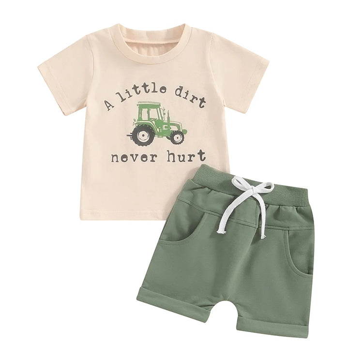 Lioraitiin Toddler Boy Shorts Set – Letter & Tractor Print T-Shirt with Solid Shorts, 2-Piece Summer Outfit