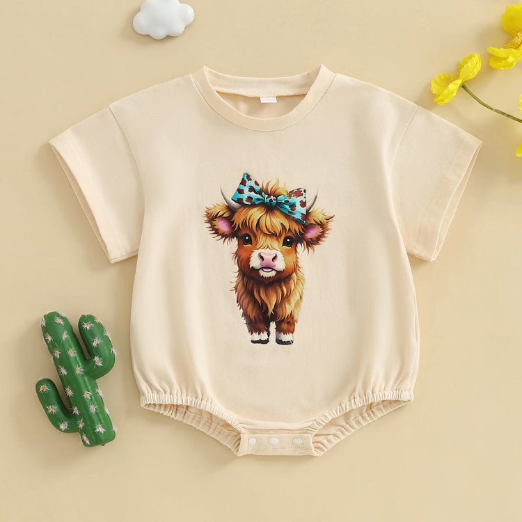 Baby Girl Highland Cow Romper – Soft Cotton Summer Bodysuit | Lioraitiin