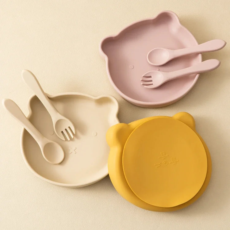 Wholesale Silicone Baby Feeding Set BPA Free Suction Dishes Plate Feeding Sucker Bowl Spoon Fork Children Tableware Baby Stuff