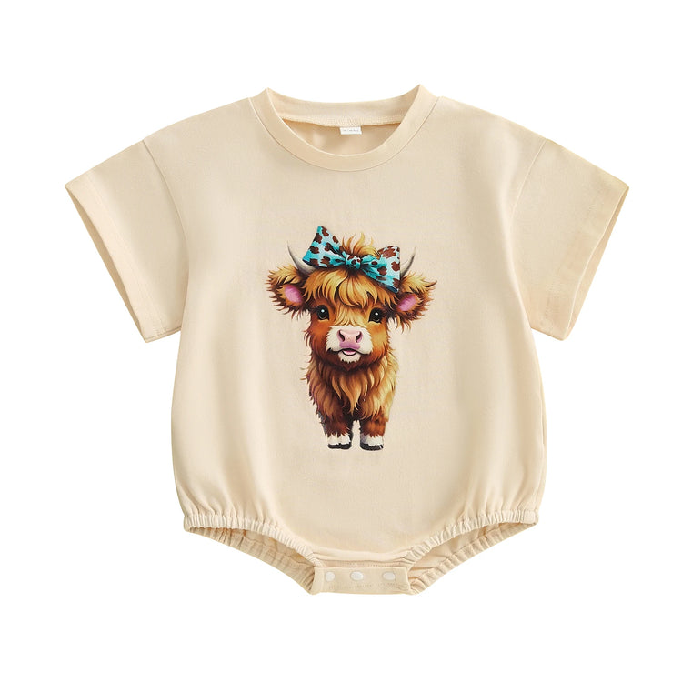 Baby Girl Highland Cow Romper – Soft Cotton Summer Bodysuit | Lioraitiin