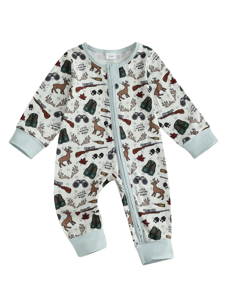 Infant Boys Fall Romper – Elk Print | Oblique Zipper | Long Sleeve Jumpsuit (0–18M)