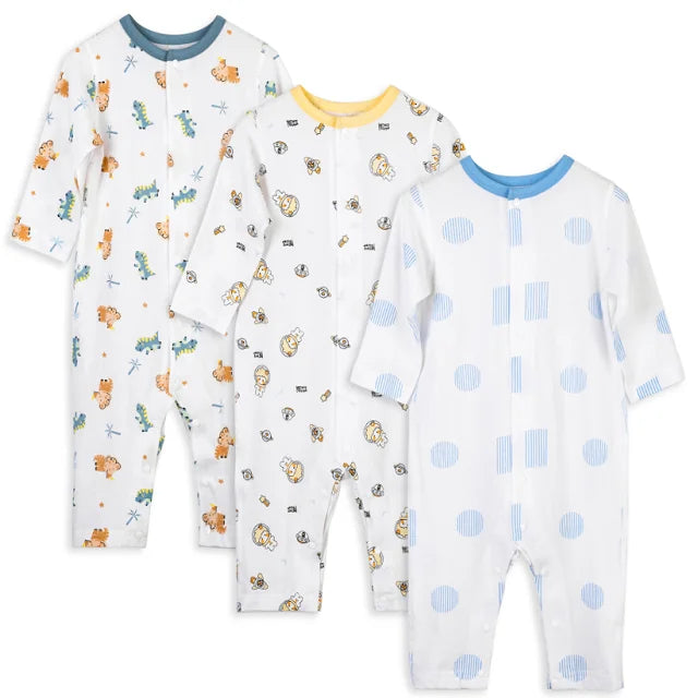 MICHLEY 3pcs Baby Short-Sleeve Rompers & Long-Sleeve Jumpsuit Bodysuit – Soft White Cartoon Infant Clothes Overalls for Boys & Girls