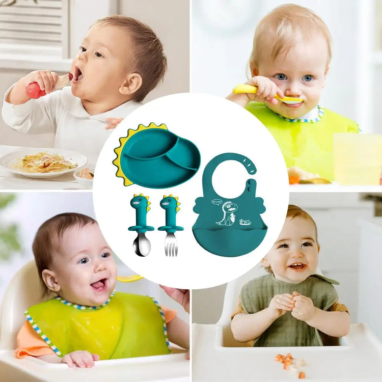 Toddler Plate Set Cartoon Kids Plates And Utensils Set Toddler Feeding Tableware Including Plate Bibs Spoon And Fork For Boys