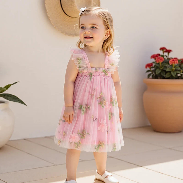 Toddler Girl Sleeveless Floral Embroidered Tulle Dress with Ruffle Square Neckline – Princess Party Dress for Baby Girl