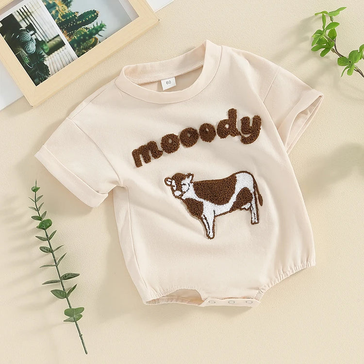 Lioraitiin 0–18M Baby Boy Girl Romper – Round Neck Cow Embroidery Short Sleeve Jumpsuit, Infant Summer Outfit