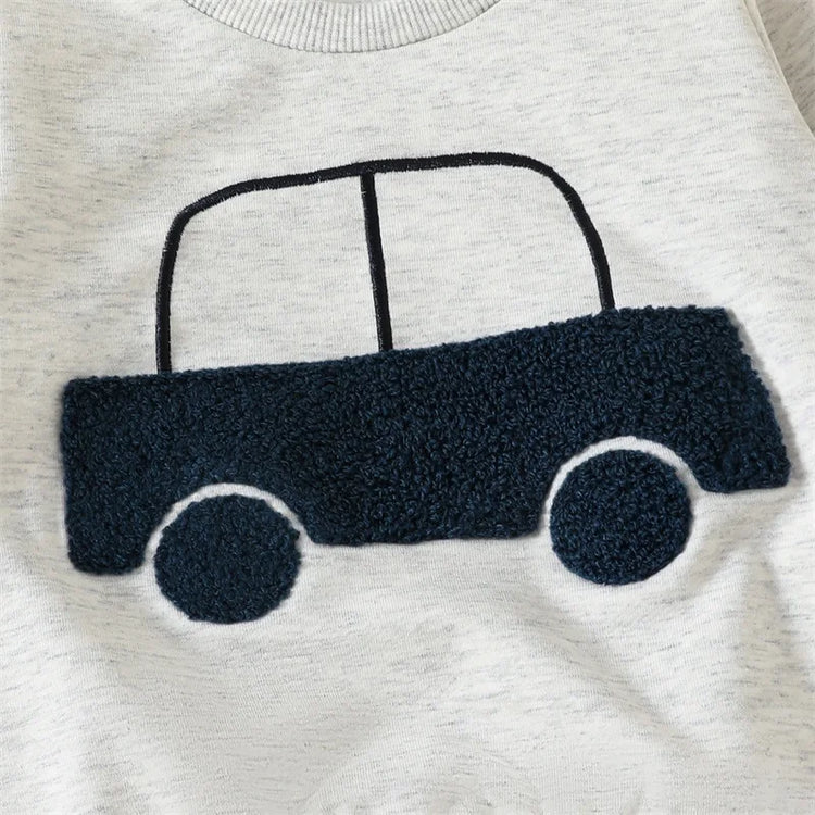 Lioraitiin Toddler Baby Boy 2-Piece Outfit – Car Embroidery Long Sleeve Pullover Sweatshirt & Elastic Waist Pants Set