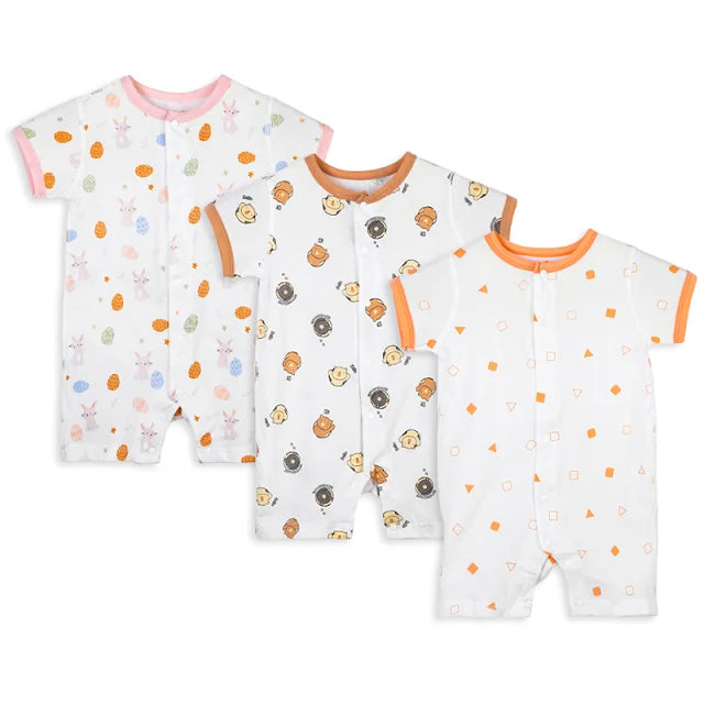 MICHLEY 3pcs Baby Short-Sleeve Rompers & Long-Sleeve Jumpsuit Bodysuit – Soft White Cartoon Infant Clothes Overalls for Boys & Girls