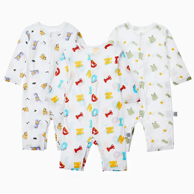 MICHLEY 3pcs Baby Short-Sleeve Rompers & Long-Sleeve Jumpsuit Bodysuit – Soft White Cartoon Infant Clothes Overalls for Boys & Girls