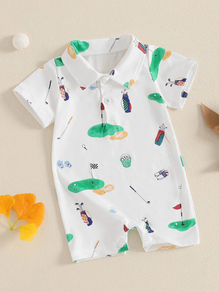 Infant Golf Romper – Unisex Baby Boy or Girl Summer Bodysuit with Half Button-Up, Lapel Neck & Short Sleeves