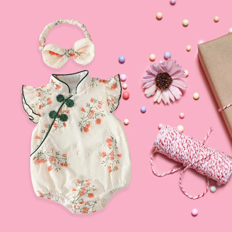Toddler Girls Traditional Chinese Dress Set — Embroidered Floral Romper with Matching Headband, Summer Outfit