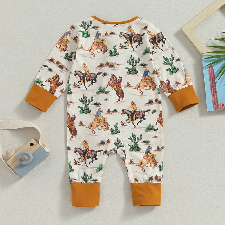 Lioraitiin Infant Baby Boys Jumpsuit – Long Sleeve Cow/Horse Print Zipped Romper for Autumn (0-12M)