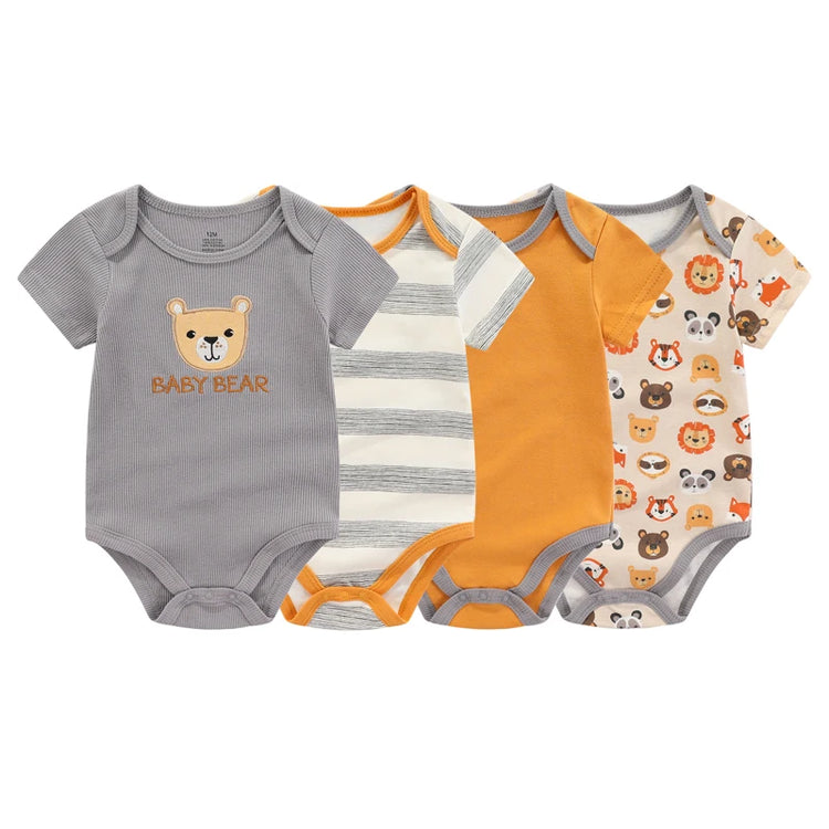 Kiddiezoom 4-Piece Fashion Cartoon Newborn Jumpsuit Set – 100% Cotton Baby Boys & Girls Summer Romper Outfit