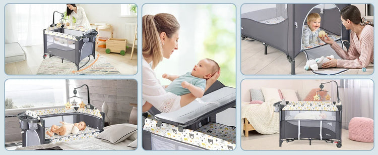 Pack and Play, 5 in 1 Baby Bedside Sleeper with Bassinet, Diaper Changer, Mattress, Carry Bag, Music Box Hanging Toys (Bear)
