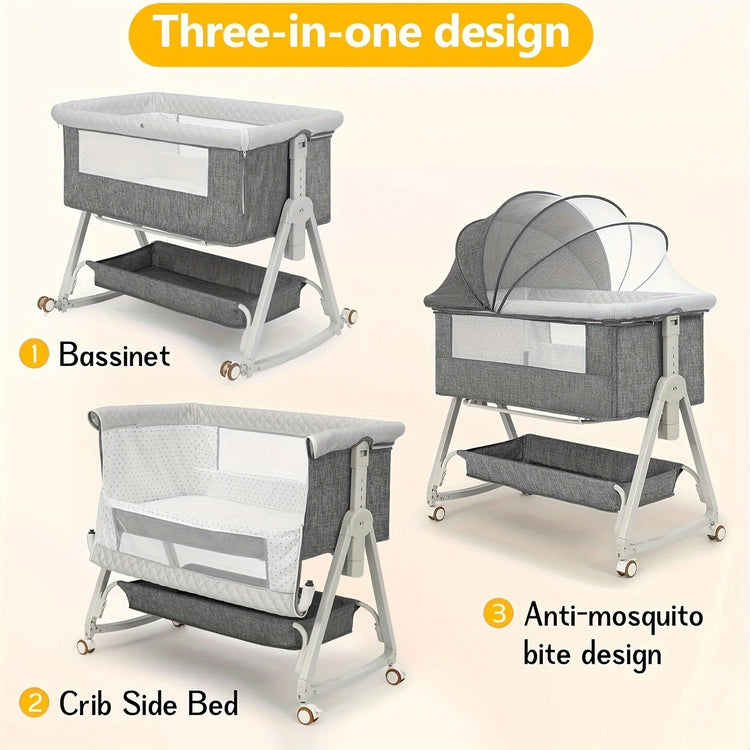 3 in 1 Baby Bassinet Bedside Sleeper, Breathable Mesh Safe Bedside Bassinet for Baby, Easy Assemble and Folding Portable with Wheels