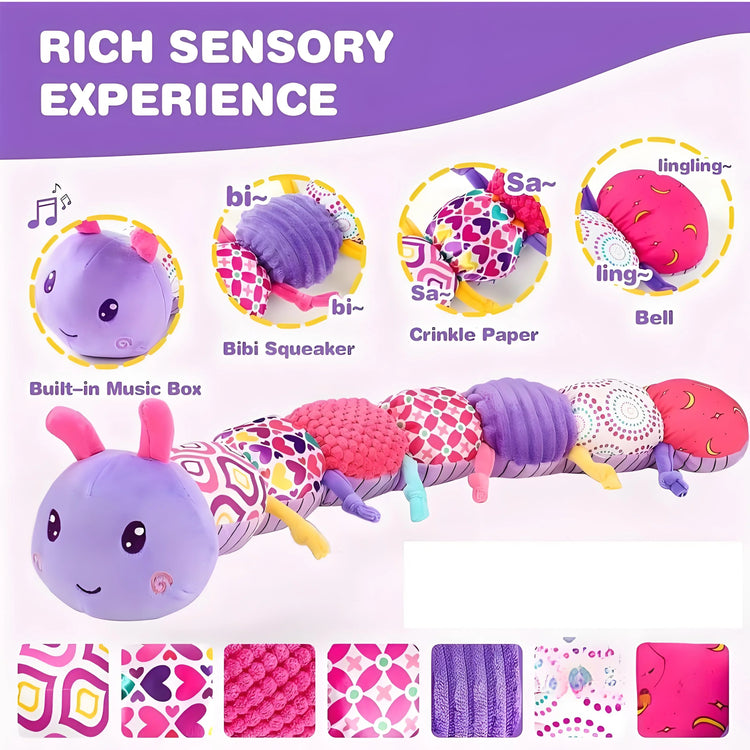 5-Sensory Baby Caterpillar Toy - Musical Plush with Crinkle/Rattle Sounds, Early Learning Developmental Toy for 0-12M✔Non-Toxic