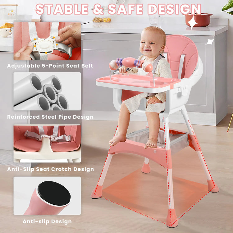 Ubravoo Convertible Baby High Chair – Portable Dining & Play Chair with Removable Double Tray and Toy Rack | Adjustable Seat & Stainless Steel Frame | Model S360