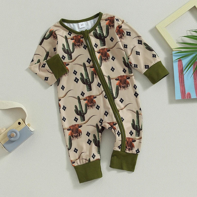 Lioraitiin Infant Baby Boys Jumpsuit – Long Sleeve Cow/Horse Print Zipped Romper for Autumn (0-12M)