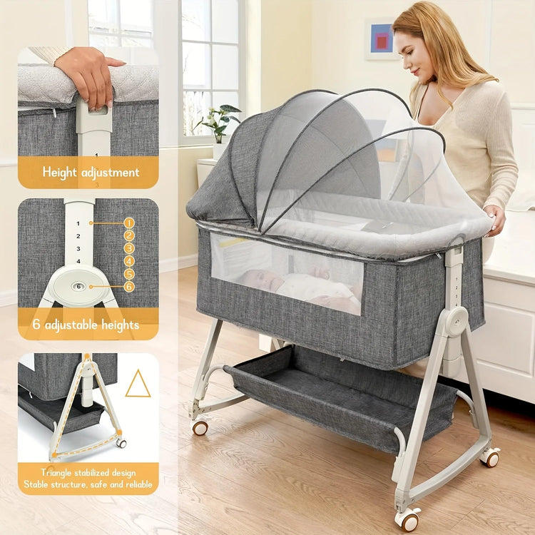 3 in 1 Baby Bassinet Bedside Sleeper, Breathable Mesh Safe Bedside Bassinet for Baby, Easy Assemble and Folding Portable with Wheels