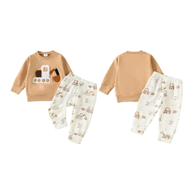 Lioraitiin Toddler Baby Boy 2-Piece Outfit – Car Embroidery Long Sleeve Pullover Sweatshirt & Elastic Waist Pants Set