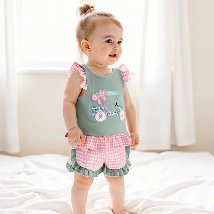 Adorable Infant Girl’s Summer Outfit – Golf Cart Embroidered Flutter Sleeve Top with Plaid Shorts 2-Piece Set