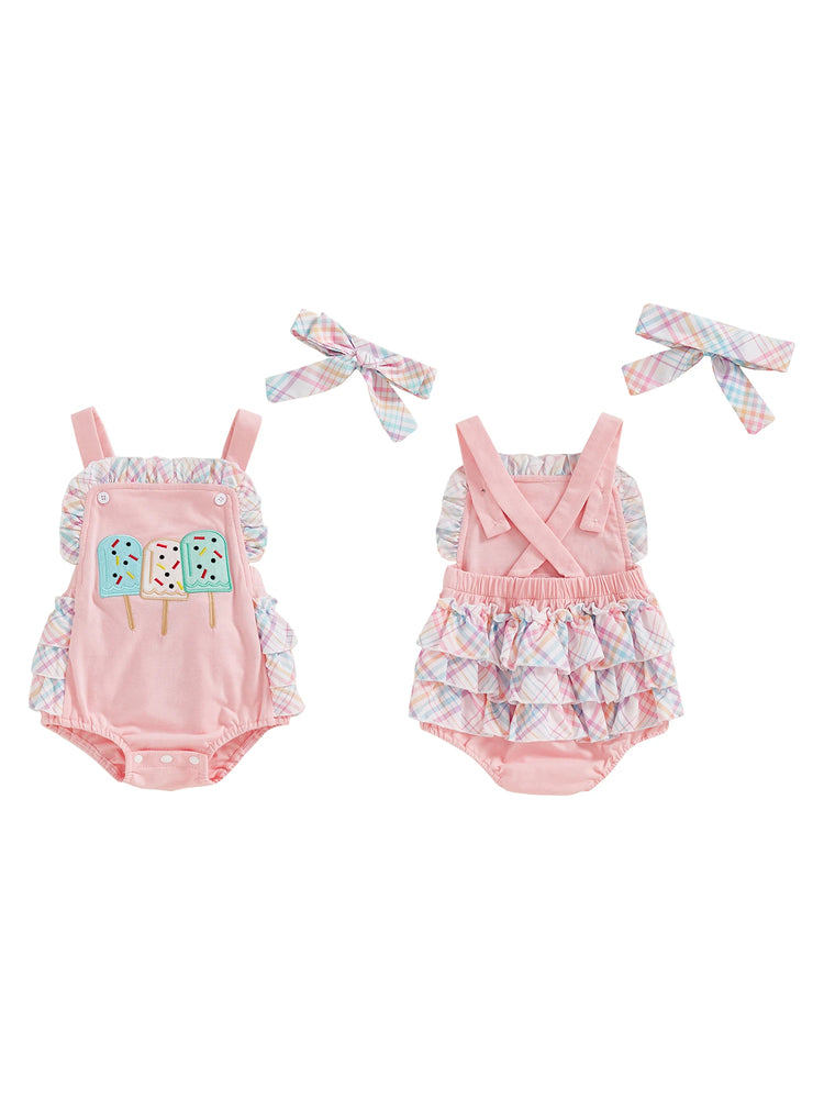 Toddler Girl Summer Watermelon Print Romper with Ruffles & Matching Headband — Sleeveless Jumpsuit Outfit Set