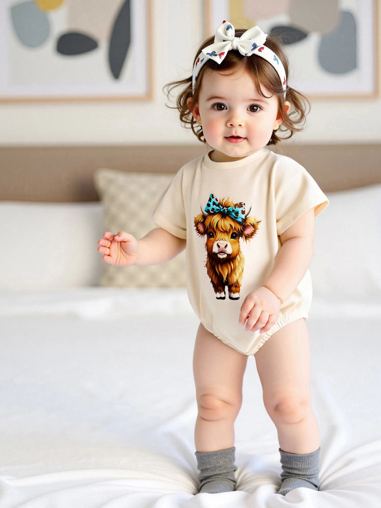 Baby Girl Highland Cow Romper – Soft Cotton Summer Bodysuit | Lioraitiin