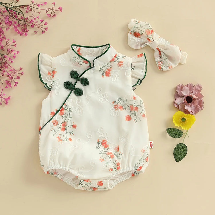 Toddler Girls Traditional Chinese Dress Set — Embroidered Floral Romper with Matching Headband, Summer Outfit
