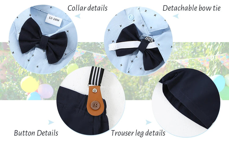 Toddler Baby Boy Clothes 1–5T – Gentleman Suit Set with Short Sleeve Shirt, Bowtie & Suspender Pants – Formal Toddler Dress Outfit for Boys