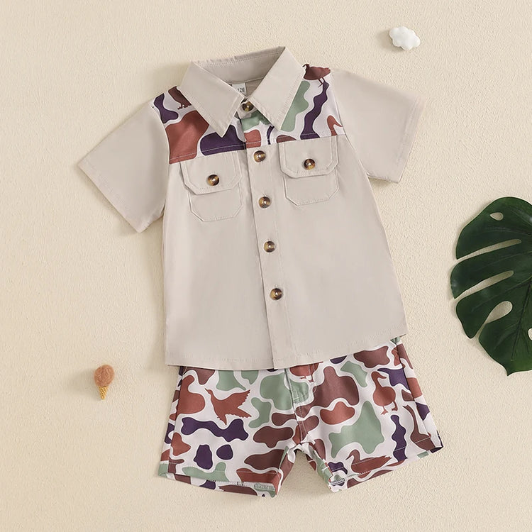 Infant Boy’s Summer Camo Print Short Sleeve Shirt & Shorts Set with Button-Down Collar – 2 Piece Outfit