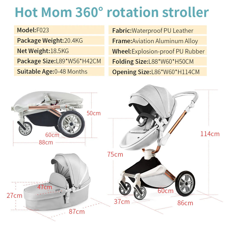 Hot Mom F023 2-in-1 Baby Stroller – 360° Rotating PU Leather Travel System with Bassinet, Rain Cover & Accessories | Foldable Luxury Stroller (0–4 Years)