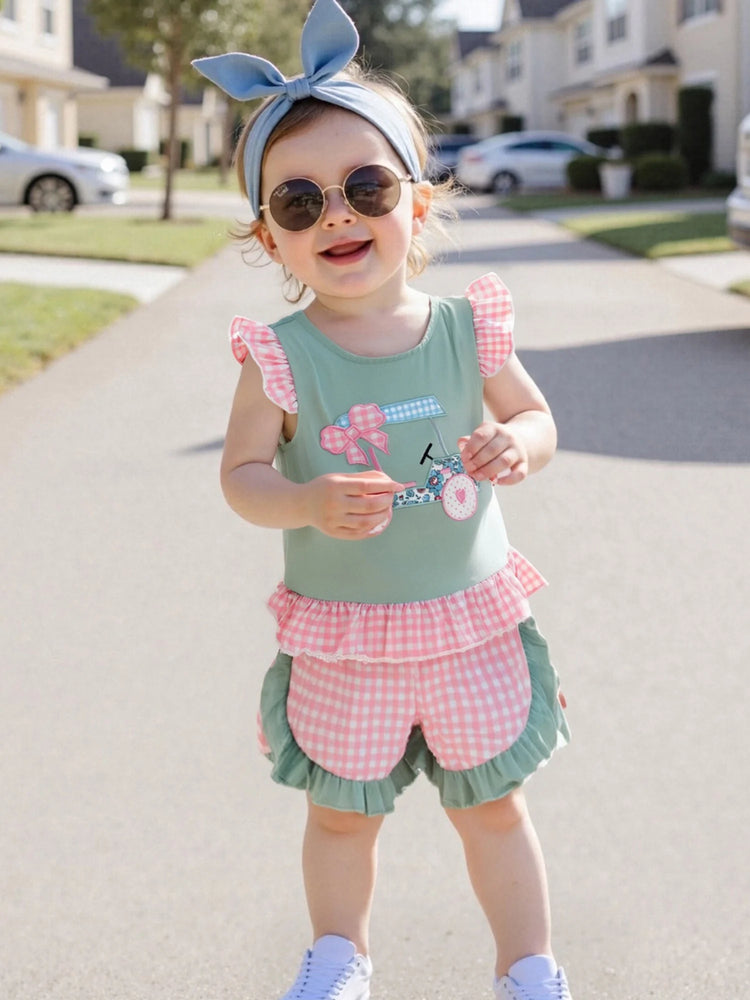Adorable Infant Girl’s Summer Outfit – Golf Cart Embroidered Flutter Sleeve Top with Plaid Shorts 2-Piece Set