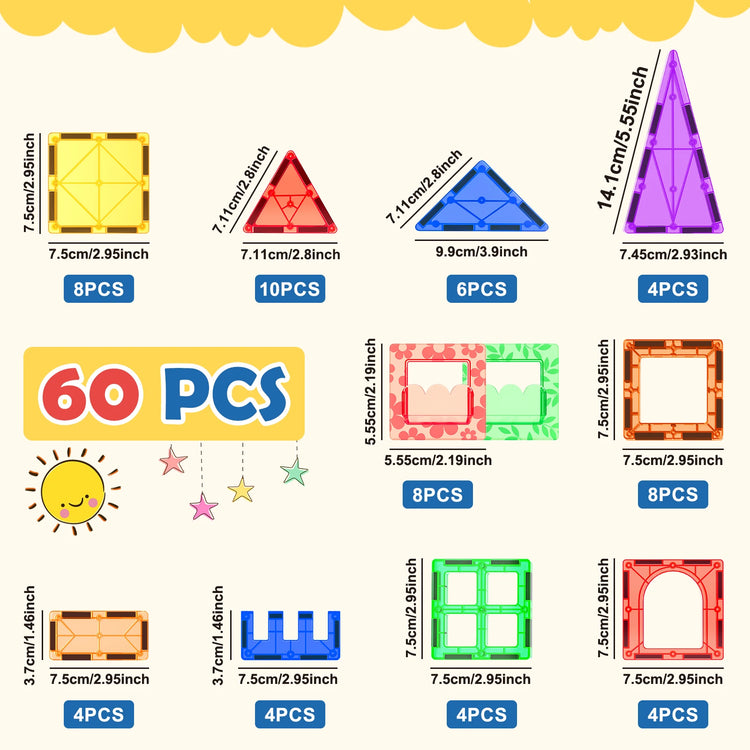 🧲 60 PCS Magnetic Building Tiles for Kids – STEM Magnet Blocks Set for Ages 3+ By Coodoo | Educational Construction Toys | Sensory Learning | Safe Plastic