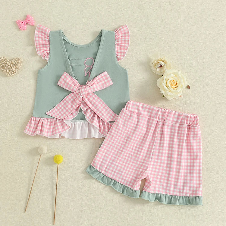 Adorable Infant Girl’s Summer Outfit – Golf Cart Embroidered Flutter Sleeve Top with Plaid Shorts 2-Piece Set