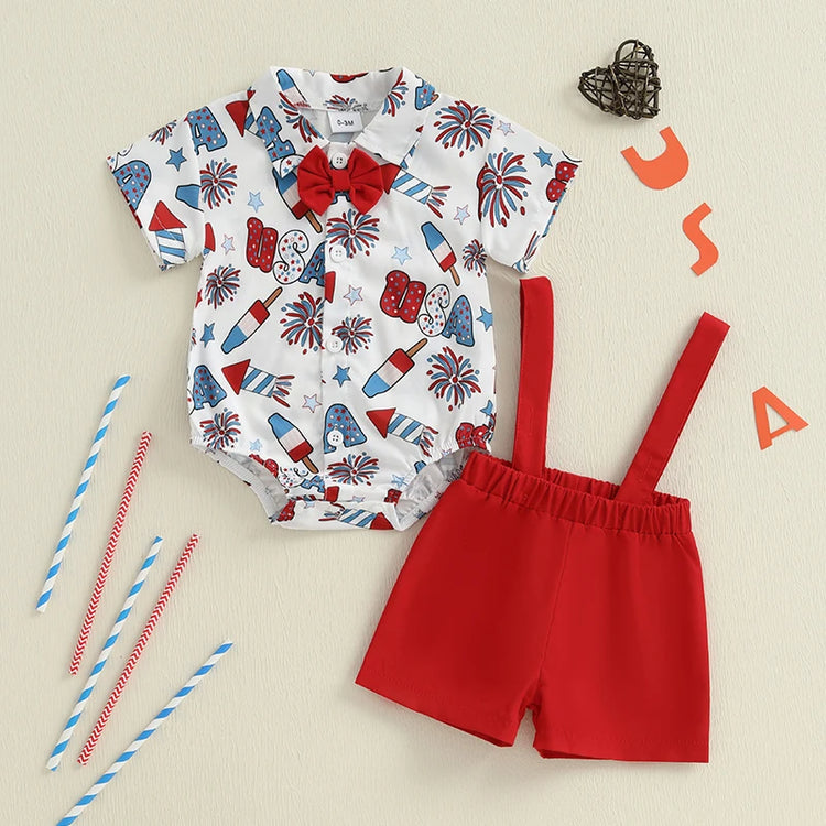 Toddler Boys 4th of July Outfit – Short Sleeve Bowtie Romper & Suspender Shorts Set – Independence Day Baby Clothes