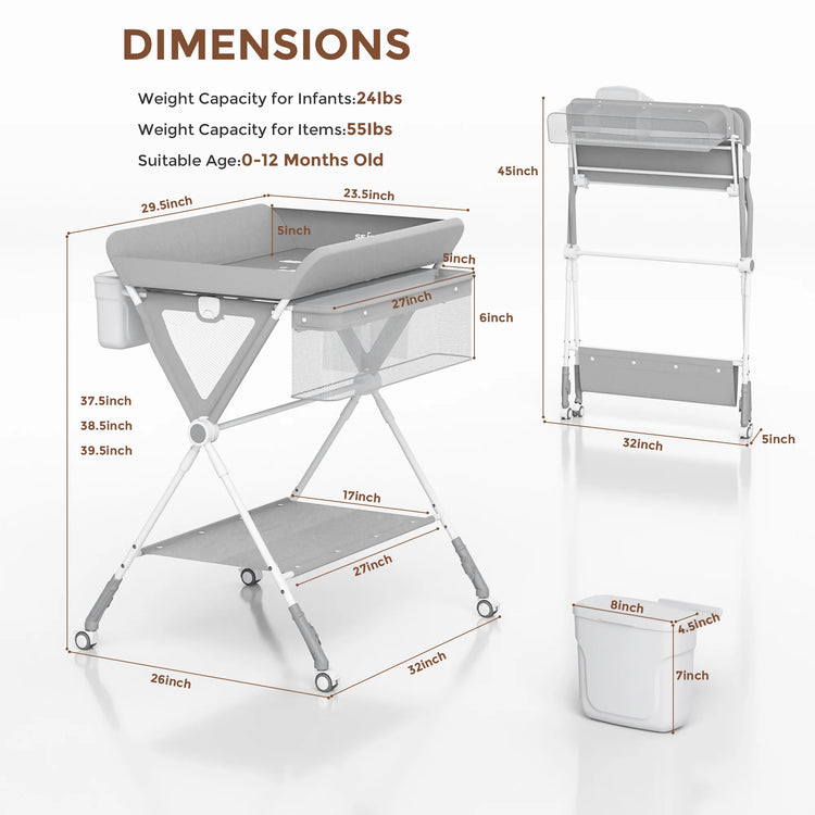 SEJOY Baby Changing Table with Wheels – Foldable, Portable, Height Adjustable Diaper Changing Station with Storage, Safety Belt & Removable Cover for Newborn Infant Toddlers