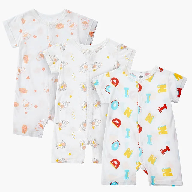 MICHLEY 3pcs Baby Short-Sleeve Rompers & Long-Sleeve Jumpsuit Bodysuit – Soft White Cartoon Infant Clothes Overalls for Boys & Girls
