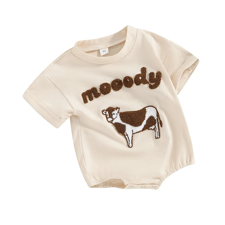 Lioraitiin 0–18M Baby Boy Girl Romper – Round Neck Cow Embroidery Short Sleeve Jumpsuit, Infant Summer Outfit