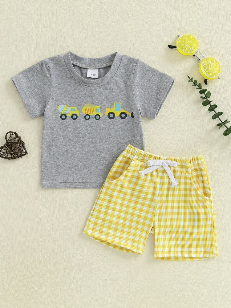 Adorable Infant Boy’s Casual Wear Set – Excavator Print T-Shirt & Plaid Shorts 2-Piece Summer Outfit for Baby & Toddler Boys (0–3 Years)