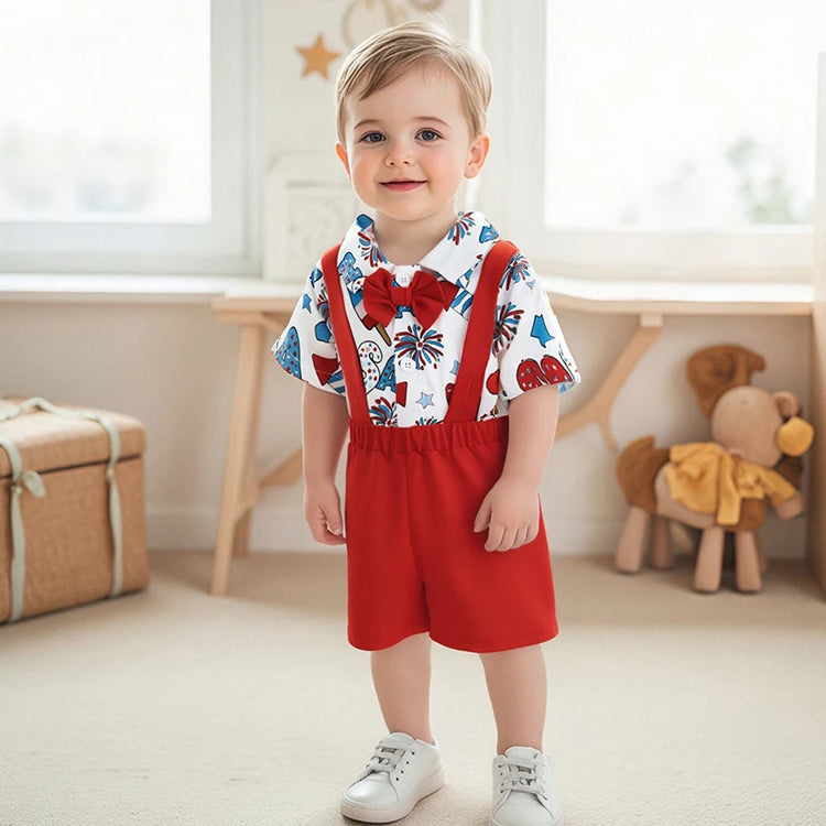 Toddler Boys 4th of July Outfit – Short Sleeve Bowtie Romper & Suspender Shorts Set – Independence Day Baby Clothes