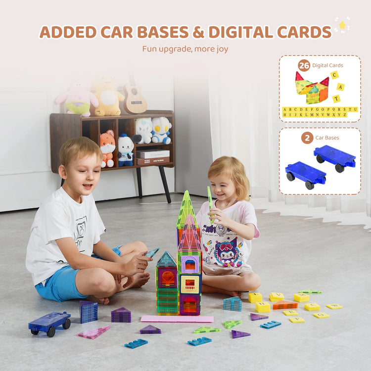 Magnetic Building Blocks Set – 121PCS Magnetic Tiles with Car Bases & Numbers, Construction Puzzle Toys for Kids, Montessori STEM Gifts for Boys & Girls Ages 3+